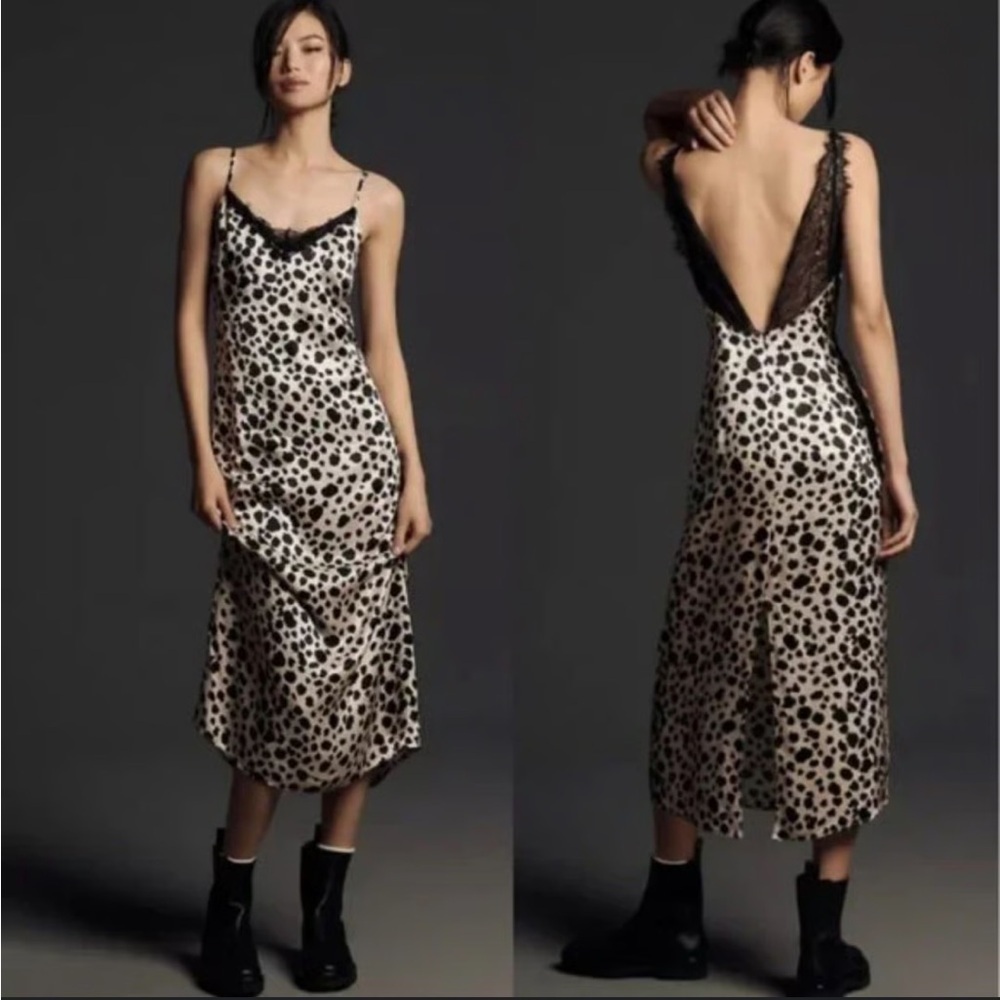Anthropologie Cream and Black Spotted Slip Midi Dress
